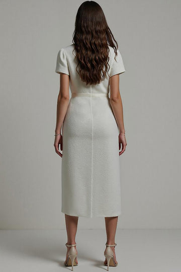 White Sheath Midi V-Neck Work Dress